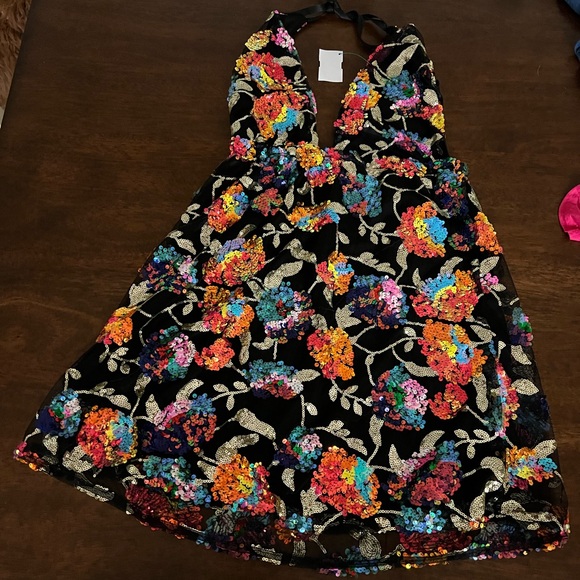 Dresses & Skirts - SOLD!!! Size Small Sequin Floral Colorful Dress Halter Top Black Shiny